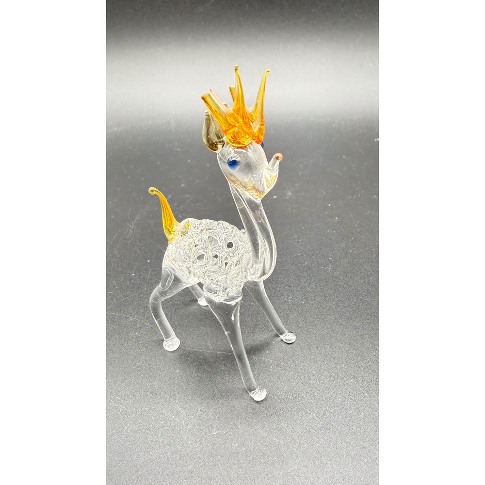 Vintage Hand Blown Art Glass Deer Figurine Amber Crown Spun Glass Blue Eyes
